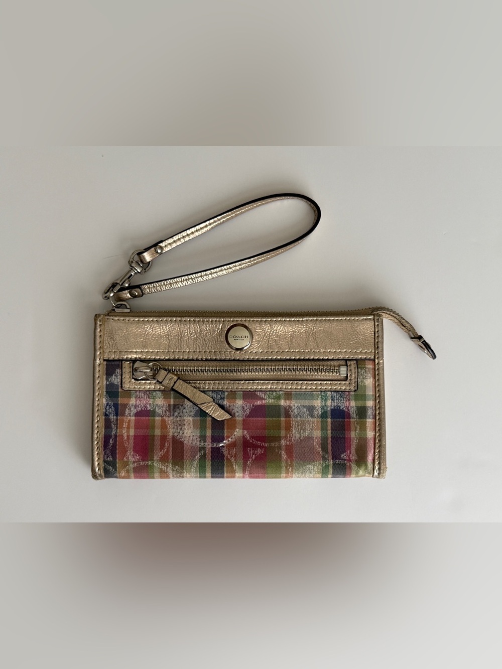 Coach Vintage Y2K Poppy Glam Madras Plaid Zippy Wristlet Wallet Gold Trim